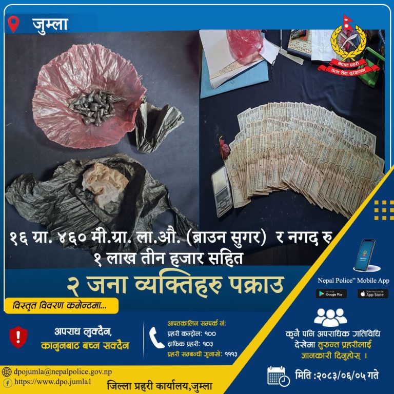 जुम्लामा प्रहरीको सफलता: १६ ग्रामभन्दा बढी ब्राउन सुगरसहित २ जना पक्राउ