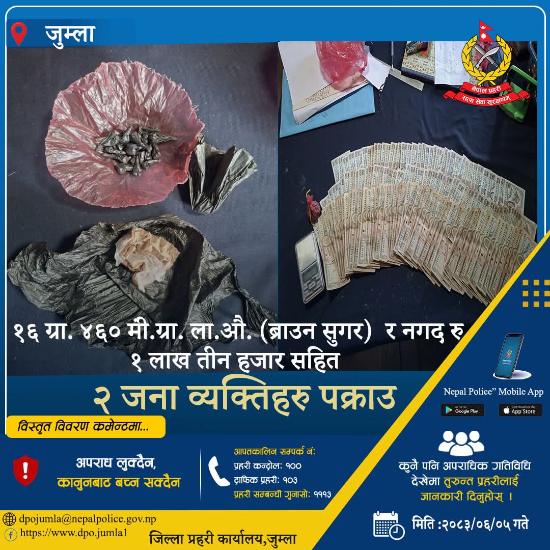 जुम्लामा प्रहरीको सफलता: १६ ग्रामभन्दा बढी ब्राउन सुगरसहित २ जना पक्राउ
